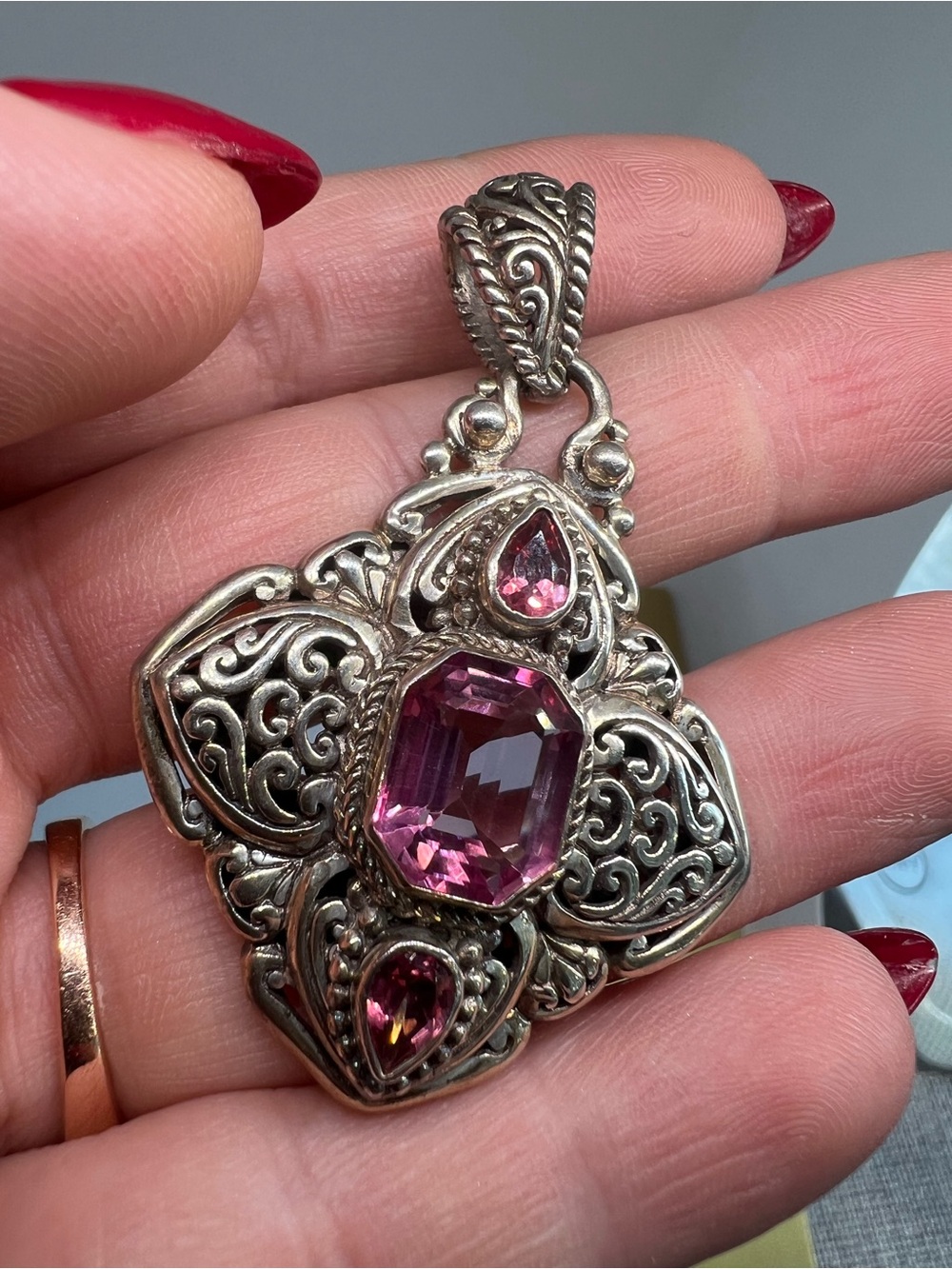 SARDA Sterling Silver Filigree Pendant with Pink Gemstones